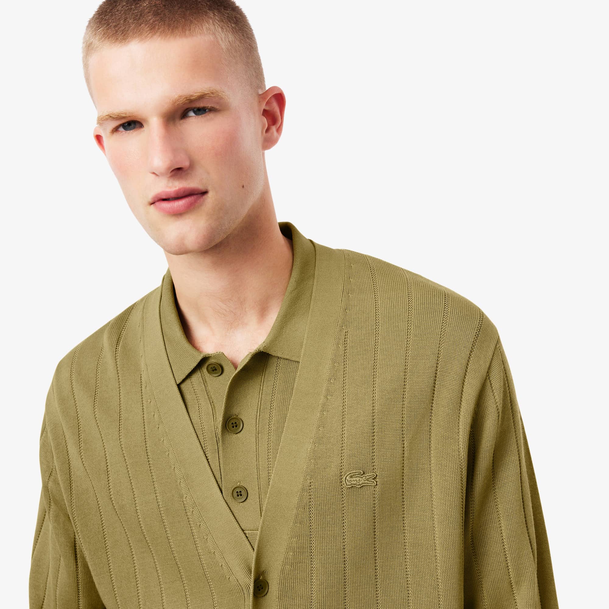 Cardigan Masculino Lacoste Costurado Canelado em Algodão