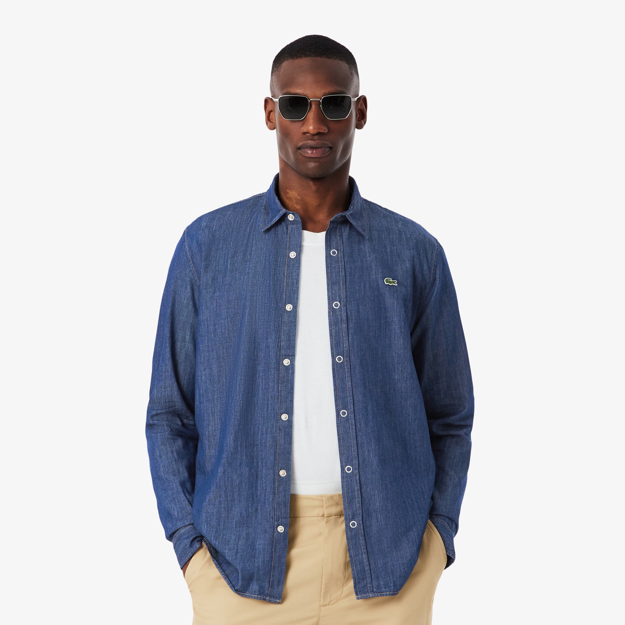 ダイ LACOSTE indigo denim swing top Men's Heavy Cotton Denim Overshirt - Button Down Shirts - New In