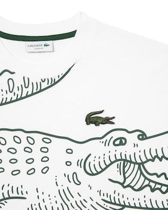 Camiseta masculina Lacoste com decote redondo, modelagem solta e estampa de crocodilo