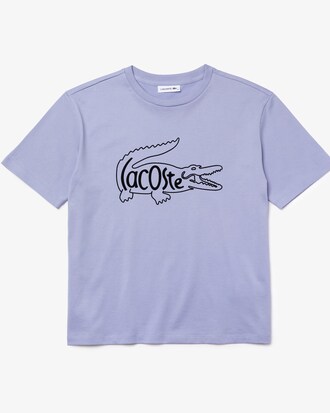Camiseta feminina em algod&atilde;o com decote careca e estampa de crocodilo
