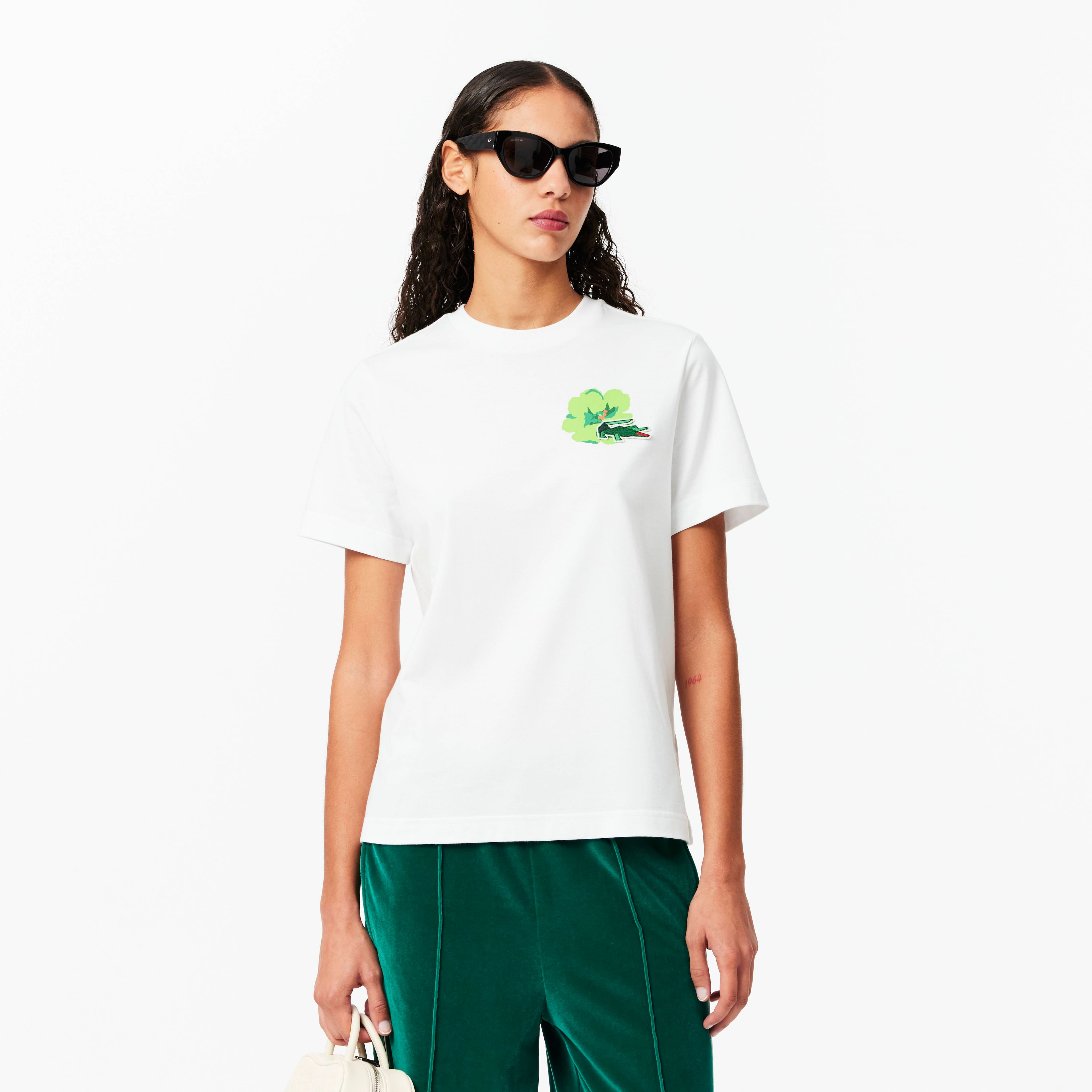 Camiseta de Algodão com Crocodilo Floral Lacoste