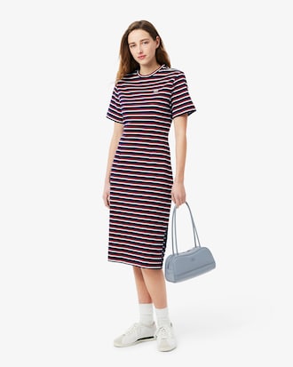 Vestido Tshirt Midi Manga Curta Jersey Raye Listrado